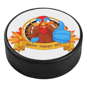 SlipperyJoe's fun cartoon-style Thanksgiving desig Hockey Puck