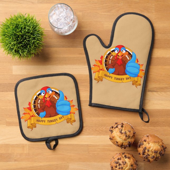 SlipperyJoe's fun cartoon-style Thanksgiving desig Oven Mitt & Pot Holder Set (Top Down)
