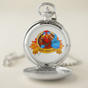 SlipperyJoe's fun cartoon-style Thanksgiving desig Pocket Watch