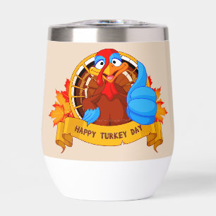 SlipperyJoe's fun cartoon-style Thanksgiving desig Thermal Wine Tumbler