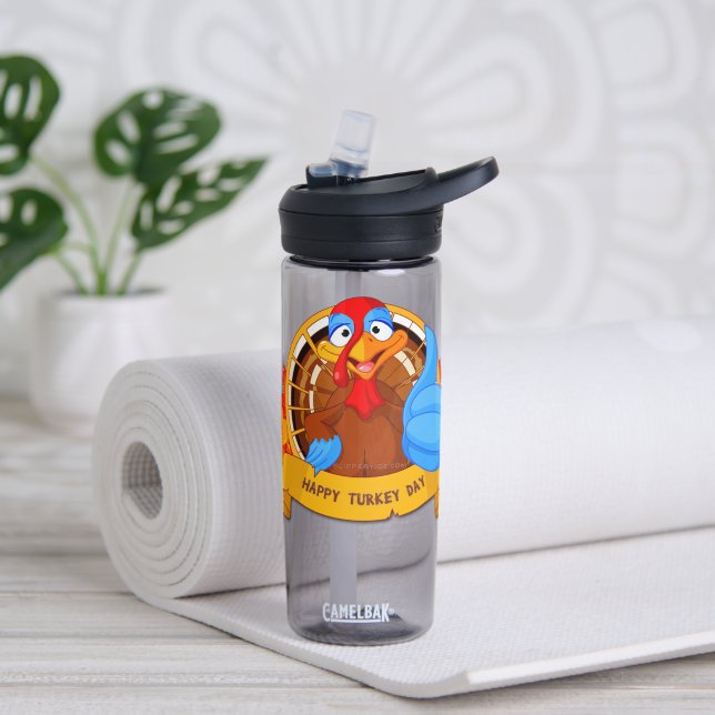 SlipperyJoe's fun cartoon-style Thanksgiving desig Water Bottle (Yoga)