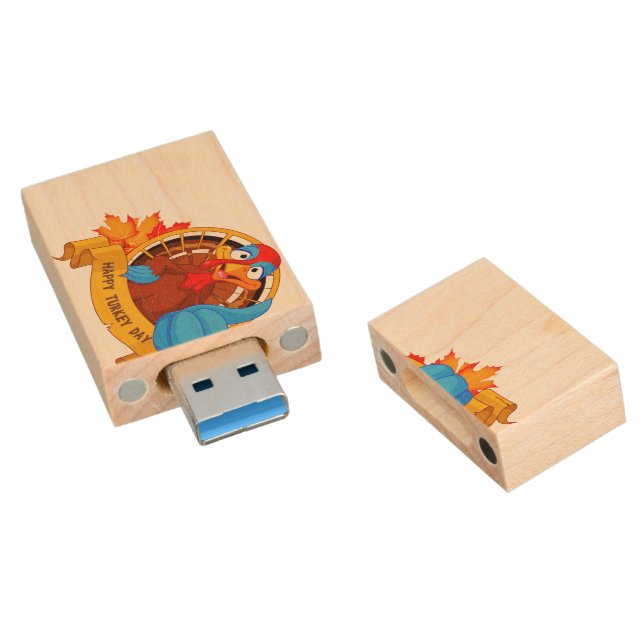 SlipperyJoe's fun cartoon-style Thanksgiving desig Wood Flash Drive (Angled)