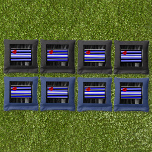 SlipperyJoe's Gay Leather Pride flag black royal b Cornhole Bags