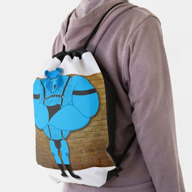 SlipperyJoe's gay muscle bear cartoon thong leathe Drawstring Bag (Insitu)
