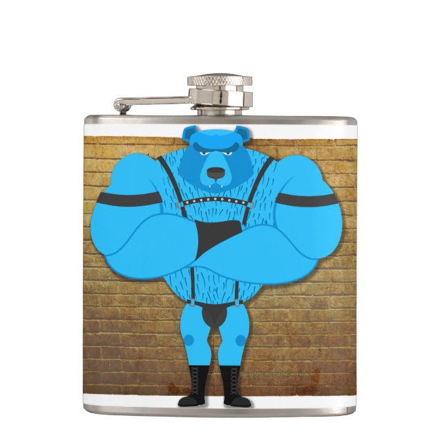 SlipperyJoe's gay muscle bear cartoon thong leathe Flask (Front)