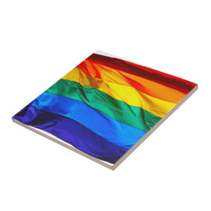 SlipperyJoe's gay pride flag waving red orange yel Ceramic Tile