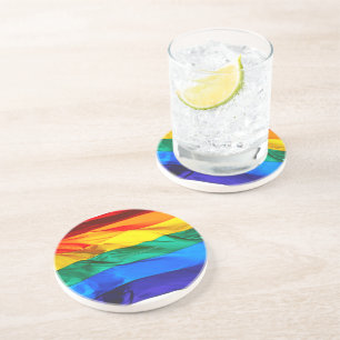 SlipperyJoe's gay pride flag waving red orange yel Coaster