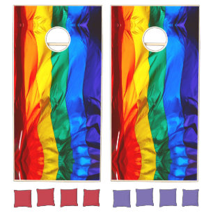 SlipperyJoe's gay pride flag waving red orange yel Cornhole Set