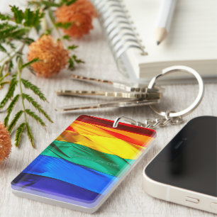 SlipperyJoe's gay pride flag waving red orange yel Keychain