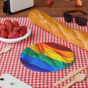 SlipperyJoe's gay pride flag waving red orange yel Paper Plates