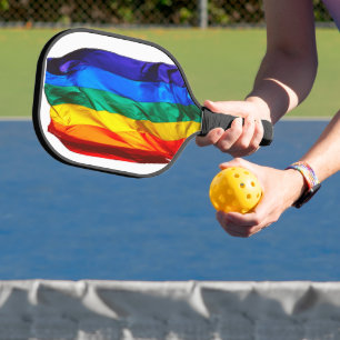 SlipperyJoe's gay pride flag waving red orange yel Pickleball Paddle