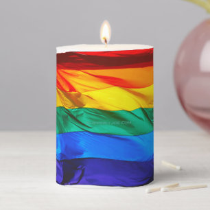 SlipperyJoe's gay pride flag waving red orange yel Pillar Candle