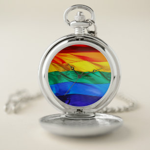SlipperyJoe's gay pride flag waving red orange yel Pocket Watch