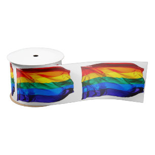 SlipperyJoe's gay pride flag waving red orange yel Satin Ribbon