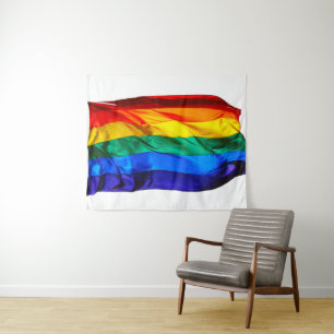 SlipperyJoe's gay pride flag waving red orange yel Tapestry