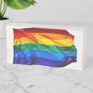 SlipperyJoe's gay pride flag waving red orange yel Wooden Box Sign