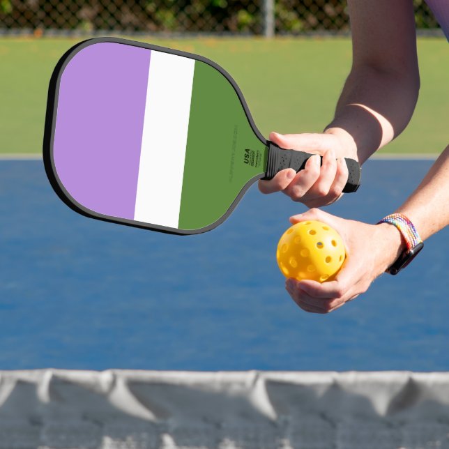 SlipperyJoe's genderqueer pride flag lavender blen Pickleball Paddle (Insitu)