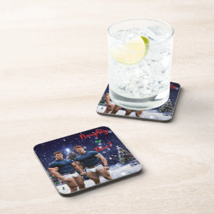 SlipperyJoe's glowing Christmas trees two muscular Beverage Coaster