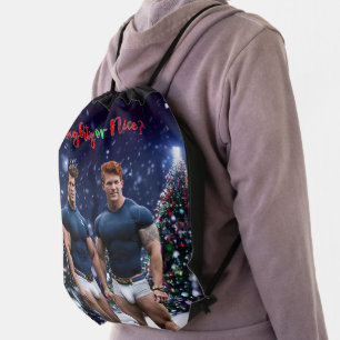 SlipperyJoe's glowing Christmas trees two muscular Drawstring Bag