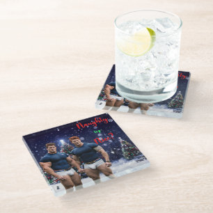 SlipperyJoe's glowing Christmas trees two muscular Glass Coaster