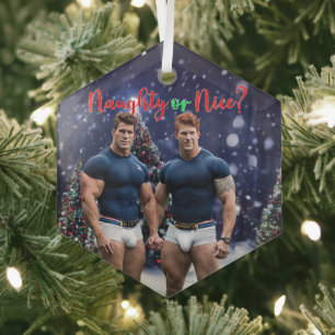 SlipperyJoe's glowing Christmas trees two muscular Glass Ornament