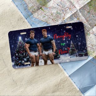SlipperyJoe's glowing Christmas trees two muscular License Plate