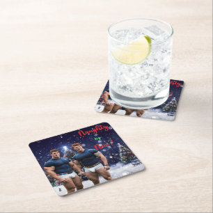 SlipperyJoe's glowing Christmas trees two muscular Square Paper Coaster