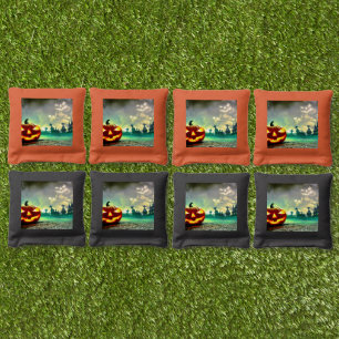 SlipperyJoe's glowing jack‑o’-lantern Halloween wa Cornhole Bags