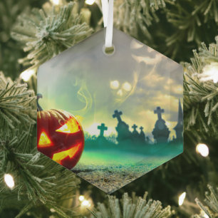 SlipperyJoe's glowing jack‑o’-lantern Halloween wa Glass Ornament