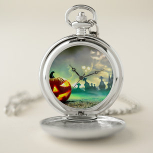 SlipperyJoe's glowing jack‑o’-lantern Halloween wa Pocket Watch