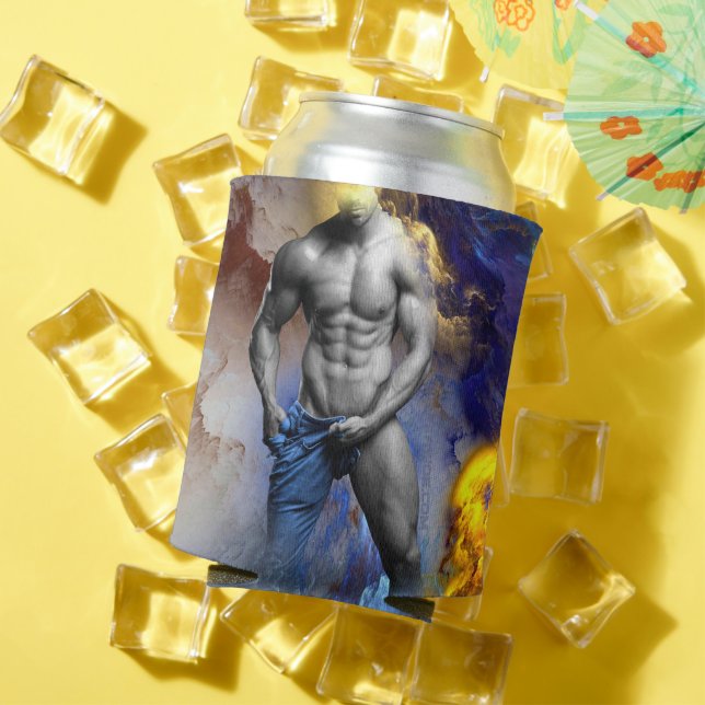 SlipperyJoe's grayscale muscular man physique yell Can Cooler (In Situ Summer)