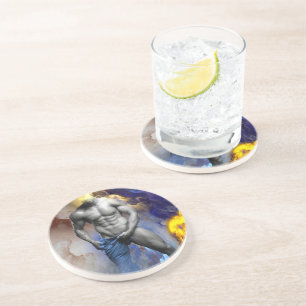 SlipperyJoe's grayscale muscular man physique yell Coaster