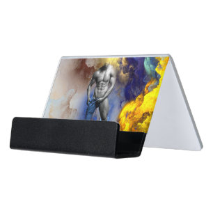 SlipperyJoe's grayscale muscular man physique yell Desk Business Card Holder