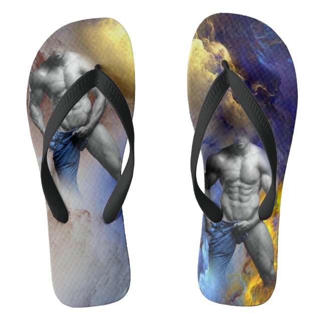 SlipperyJoe's grayscale muscular man physique yell Flip Flops (Footbed)