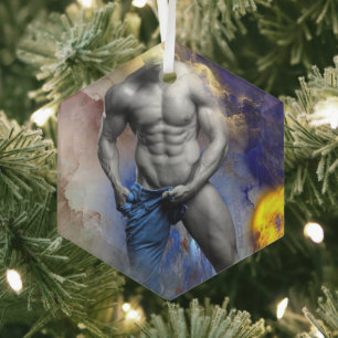 SlipperyJoe's grayscale muscular man physique yell Glass Ornament