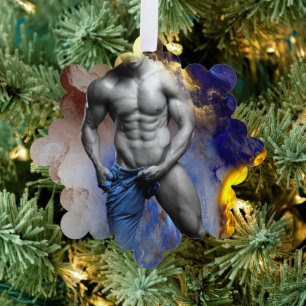 SlipperyJoe's grayscale muscular man physique yell Ornament Card