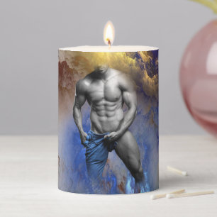 SlipperyJoe's grayscale muscular man physique yell Pillar Candle