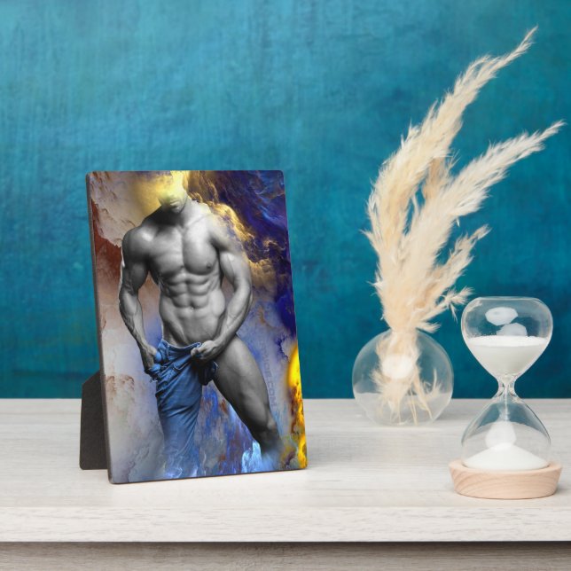 SlipperyJoe's grayscale muscular man physique yell Plaque (Side)