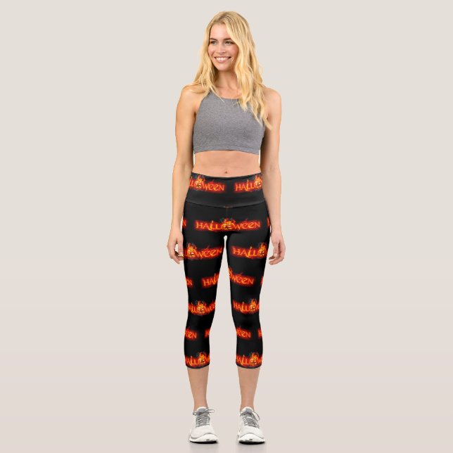 SlipperyJoe's Halloween massive fiery lettering ca Capri Leggings (Front)