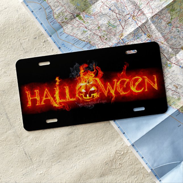 SlipperyJoe's Halloween massive fiery lettering ca License Plate (In Situ)