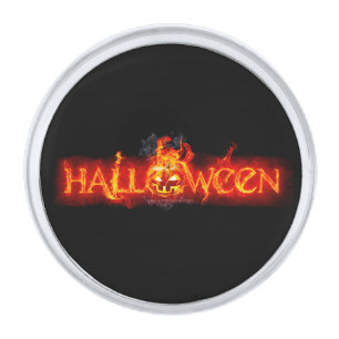 SlipperyJoe's Halloween massive fiery lettering ca Silver Finish Lapel Pin