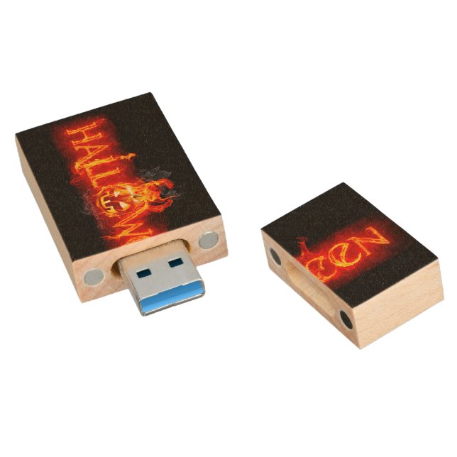 SlipperyJoe's Halloween massive fiery lettering ca Wood Flash Drive (Angled)