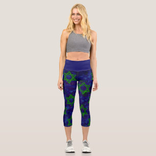 SlipperyJoe's Hanukkah green rows Stars of David c Capri Leggings