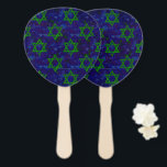 SlipperyJoe's Hanukkah green rows Stars of David c Hand Fan<br><div class="desc">SlipperyJoe's Hanukkah green rows Stars of David central Jewish symbol feels celebratory like visual menorah artistic deep blues purples background evokes winter-nights candles glow sense tradition resilience grunge-style texture depth and contrast creates rhythmic textile-like pattern bold symbolic energy Hebrew celebrations surprising modern twist</div>
