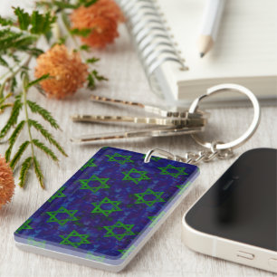 SlipperyJoe's Hanukkah green rows Stars of David c Keychain