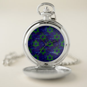 SlipperyJoe's Hanukkah green rows Stars of David c Pocket Watch