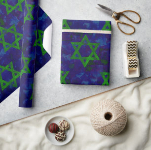 SlipperyJoe's Hanukkah green rows Stars of David c Wrapping Paper