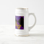 SlipperyJoe's Hanukkah-themed image golden yellow  Beer Stein<br><div class="desc">SlipperyJoe's Hanukkah-themed image golden yellow Star of David blue candles with orange flames Menorah-inspired art gift idea Jewish identity spirituality holiday retro bold symmetrical pattern diamond-shaped grid background blends tradition and vibrant design purple black checkerboard effect Hebrew religious celebration</div>