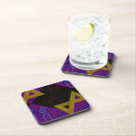 SlipperyJoe's Hanukkah-themed image golden yellow  Beverage Coaster<br><div class="desc">SlipperyJoe's Hanukkah-themed image golden yellow Star of David blue candles with orange flames Menorah-inspired art gift idea Jewish identity spirituality holiday retro bold symmetrical pattern diamond-shaped grid background blends tradition and vibrant design purple black checkerboard effect Hebrew religious celebration</div>