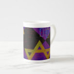 SlipperyJoe's Hanukkah-themed image golden yellow  Bone China Mug<br><div class="desc">SlipperyJoe's Hanukkah-themed image golden yellow Star of David blue candles with orange flames Menorah-inspired art gift idea Jewish identity spirituality holiday retro bold symmetrical pattern diamond-shaped grid background blends tradition and vibrant design purple black checkerboard effect Hebrew religious celebration</div>